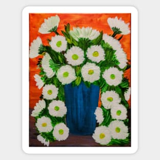 Some beautiful white carnations bursting out of this metallic blue vase Sticker